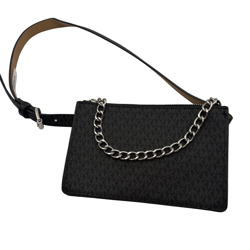 NWT Michael Kors Black MK Signature Logo Belt Bag Waist Pouch Chain Strap 5x8.25